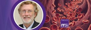 IMAGE DESCRIPTION: An image of red blood cells with a circular image of Dr Charles Shepherd, MEA Hon. Medical Adviser. With he ME Association Logo