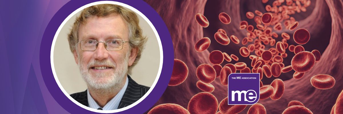 IMAGE DESCRIPTION: An image of red blood cells with a circular image of Dr Charles Shepherd, MEA Hon. Medical Adviser. With he ME Association Logo