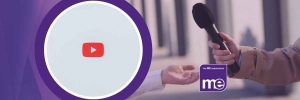 IMAGE DESCRIPTION: Photo of a person interviewing another by holding a microphone up to them. Also a circular image of the YouTube logo.
