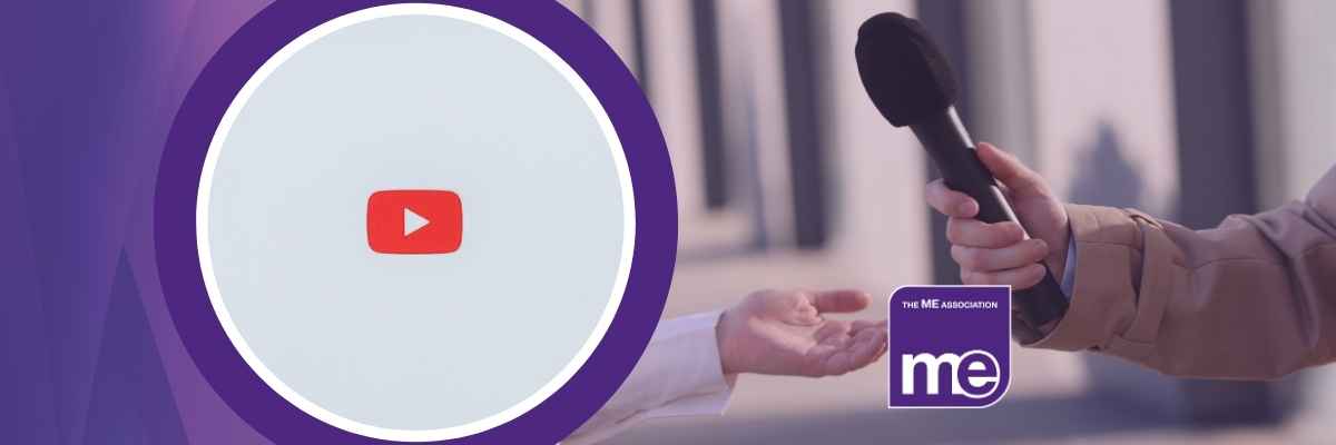 IMAGE DESCRIPTION: Photo of a person interviewing another by holding a microphone up to them. Also a circular image of the YouTube logo.
