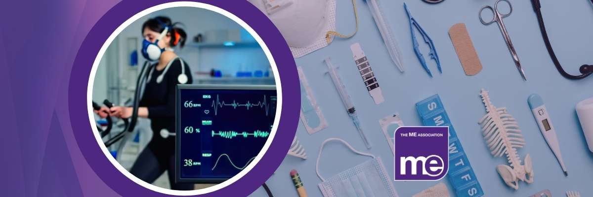 IMAGE DESCRIPTION: Photo of a person doing an exercise test while connected to heart monitors. ME Association logo.
