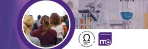 Photo of people watching a talk. Photo of a science lab. Logos: OMEGA, ME Association