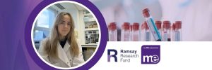 IMAGE DESCRIPTION: Photo of Sophie Hicks, a scientist sat in a lab. Second photo of blood vials for blood testing. Logos: ME Association and Ramsay Research Fund.