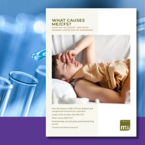 What causes ME/CFS leaflet cover with a man in bed and scientific test in test tubes