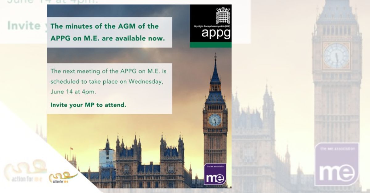 Image description: The picture shows the London skyline of the Houses of Parliament and Big Ben. ME Association logo (bottom right) Action for ME logo (bottom left) (APPG top right)