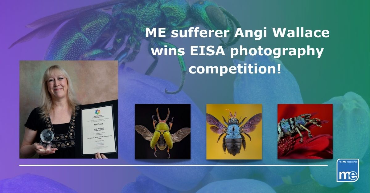 IMAGE DESCRIPTION: An image of Angi Wallace receiving the EISA Award with 3 of her photos. The title reads: ME sufferer Angi Wallace wins EISA Photography competition!. The ME Association logo (bottom right)