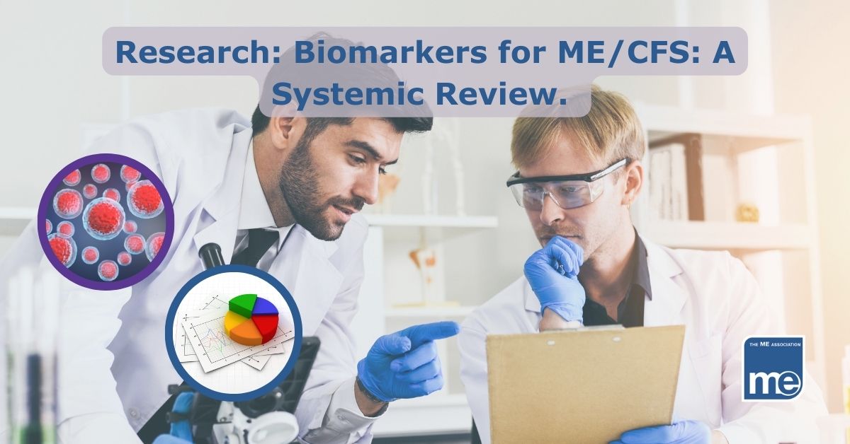 Image description. Two people dressed in white coats examine research with a clipboard and microscope. Inset pictures feature red blood cells and the other data analysis results. ME Association logo (bottom right) The title reads: Research: Biomarkers for ME/CFS: A Systemic Review.