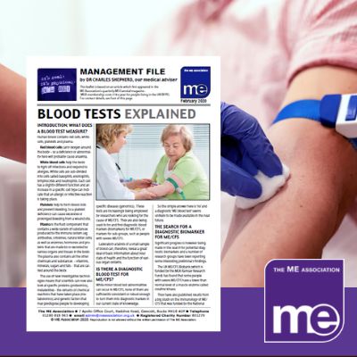 IMAGE DESCRIPTION: An image of a man having his blood taken, with a tourniquet around his arm. With an overlay of the first page of the leaflet (bottom left) and the ME Association logo (bottom right)