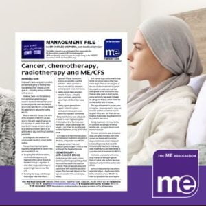 IMAGE DESCRIPTION: A lady sitting up in bed with a bandana headband. With an overlay of the first page of the leaflet (bottom left) and the ME Association logo (bottom right)