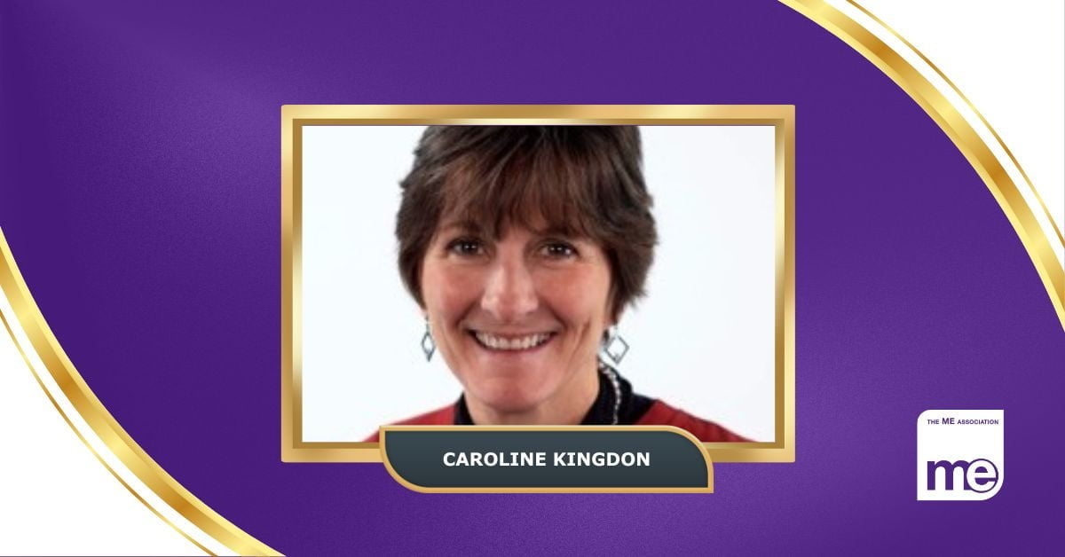 IMAGE DESCRIPTION: An image of Caroline Kingdon in a gold frame with purple surrounding it. The ME Association logo (bottom right)