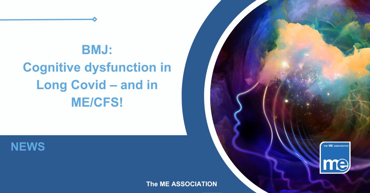 Image description. The picture shows the outline of a head surrounded by different coloured swirling fog. The title reads: BMJ: Cognitive dysfunction in Long Covid – and in ME/CFS! ME Association logo bottom right