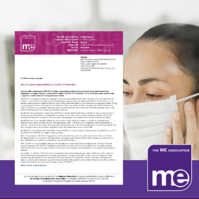 IMAGE DESCRIPTION: A lady wearing a mask due to Covid-19. With an overlay of the image of the first page of the template letter (bottom left) and the ME Association logo (bottom right)