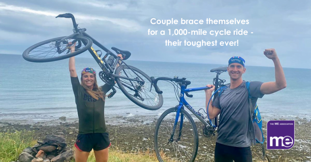 IMAGE DESCRIPTION: A picture of the couple holding up their bikes and cheering. With the title at the top and the ME Association logo (bottom right).