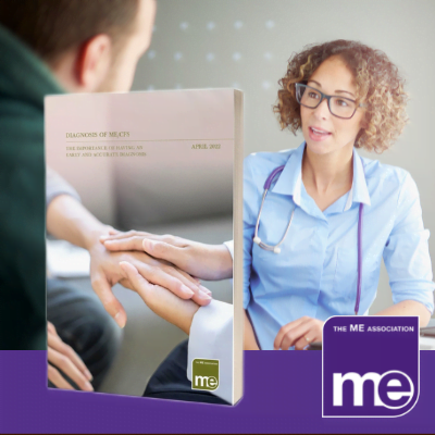 IMAGE DESCRIPTION: A lady doctor with a stethoscope around her neck talking to a male patient. With an overlay of the cover of the guide (bottom right) and the ME Association logo (bottom left)