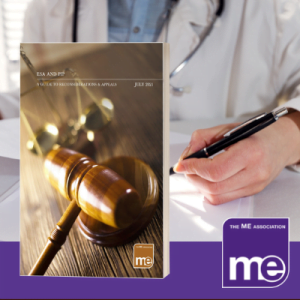 IMAGE DESCRIPTION: Image of a doctor writing a letter as medical evidence. With an overlay of an image of the benefit guide's cover (bottom left) and the ME Association (bottom right).