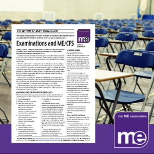 IMAGE DESCRIPTION: An exam hall set up with empty chairs and desks ready for people to take exams. With an overlay of the first page of the template letter (bottom left) and the ME Association logo (bottom left).