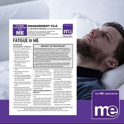 IMAGE DESCRIPTION: An image of a man in bed experiencing debilitating exhaustion. With an overlay of the first page of the leaflet (bottom left) and the ME Association logo (bottom right).