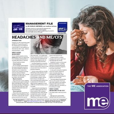 IMAGE DESCRIPTION: An image of a lady holding her head by her sinuses. With an overlay of the first page of the leaflet (bottom left) and the ME Association logo (bottom right).
