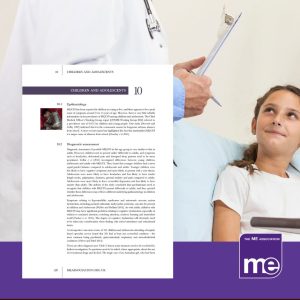 IMAGE DESCRIPTION: An image of a girl talking with a doctor who has a clipboard with an overlay of the first page of the children and young people section of the ME Association ME/CFS/PVFS Clinical & Research Guide. The ME Association Logo (bottom right)