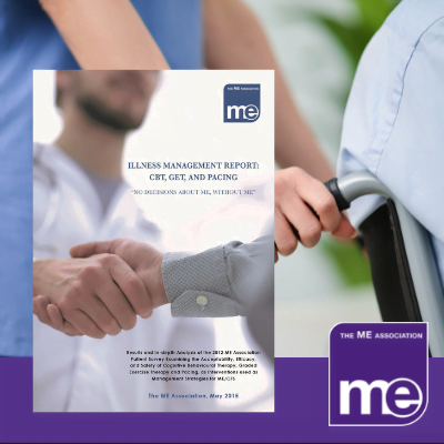 IMAGE DESCRIPTION: A picture of a healthcare professional pushing a patient in a wheelchair. With an overlay of the front cover of the report (bottom left) and the ME Association logo (bottom right).