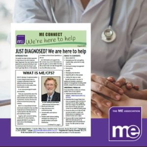 IMAGE DESCRIPTION: An image of a doctor with his hands placed on top of the patients hands ie: providing a diagnosis. With an overlay of the first page of the leaflet (bottom left) and the ME Association logo (bottom right)