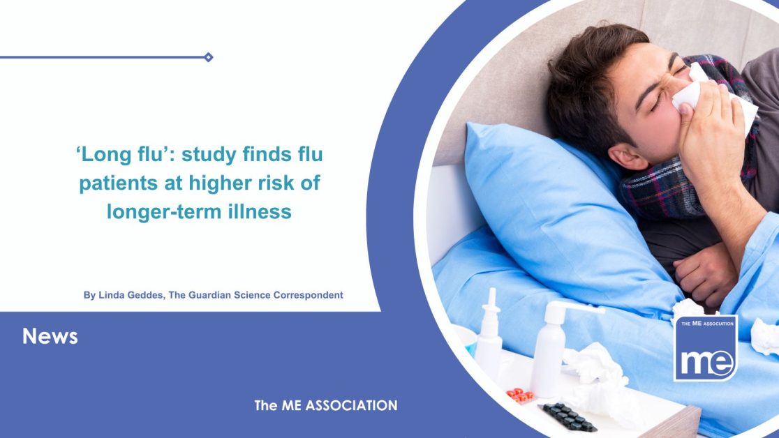 Image description: The picture shows a person lying in bed suffering with Long Flu. The title reads ‘Long flu’: study finds flu patients at higher risk of longer-term illness.