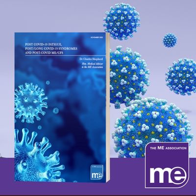 IMAGE DESCRIPTION: An image with a light purple background and five blue Covid virus. With an overlay of the cover of the booklet (bottom left) and the ME Association logo (bottom right).