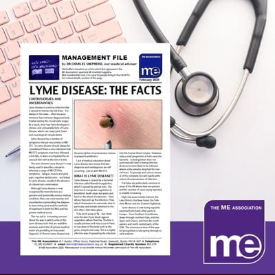 IMAGE DESCRIPTION: An image of a doctors desk with a keyboard, pen and stethoscope. With an overlay of the first page of the leaflet (bottom left) and the ME Association logo (bottom right).