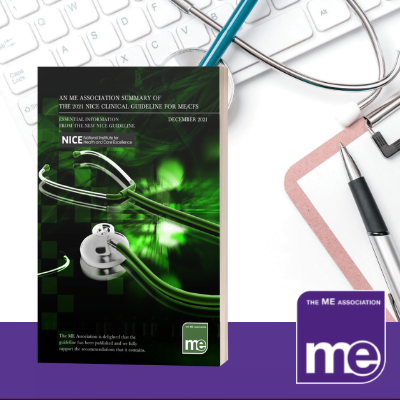 IMAGE DESCRIPTION: A picture of a desk with a keyboard, stethoscope, clipboard & pen. With an overlay of the cover of the guide (bottom left) and the ME Association logo (bottom right)