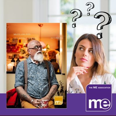 IMAGE DESCRIPTION: An image of a lady with question marks above her head. With an overlay of the cover and the ME Association logo (bottom right)