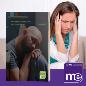 IMAGE DESCRIPTION: A lady with her head in her hands. With an overlay of an image of the booklet cover (bottom left) and the ME Association logo (bottom right),