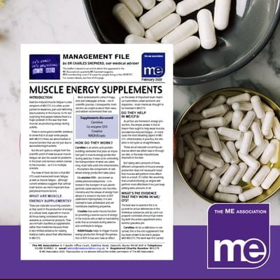 IMAGE DESCRIPTION: An image of supplements. With an overlay of the first page of the leaflet (bottom left) and the ME Association logo (bottom right).