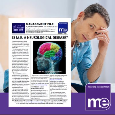 IMAGE DESCRIPTION: An image of a man holding his head sat on the edge of a bed. With an overlay of an image of the front page of the leaflet (bottom left) and the ME Association logo (bottom right).