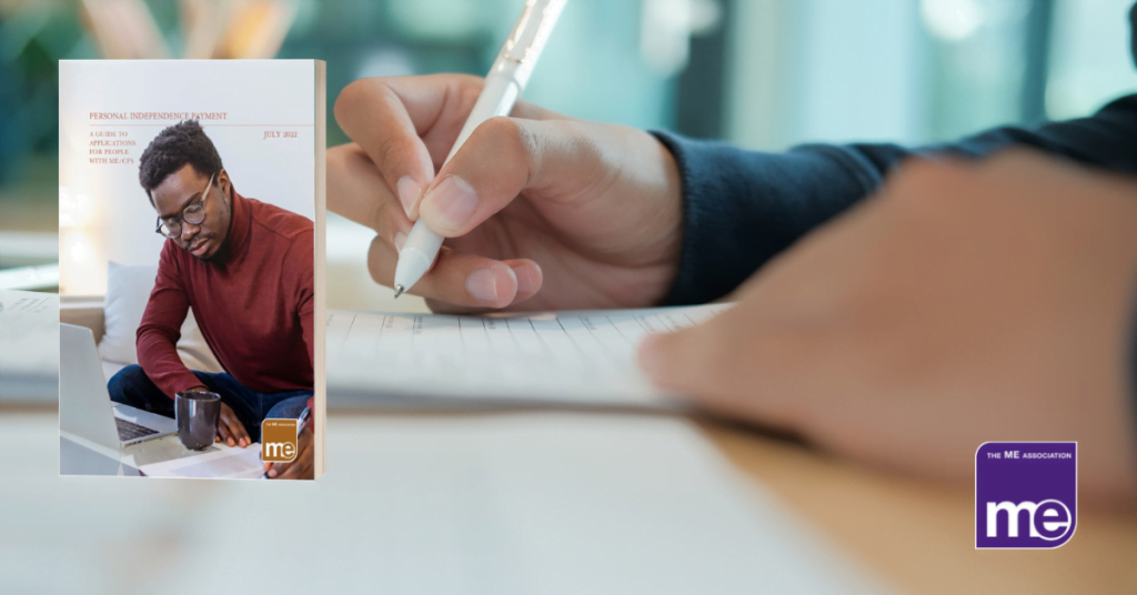 IMAGE DESCRIPTION: A image of a person filling in forms. With an overlay of the cover of the guide (left) and the ME Association logo (bottom right).