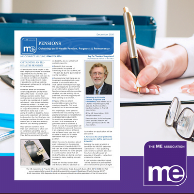 IMAGE DESCRIPTION: An image of a doctor writing prognosis on a clipboard and in the background a blood pressure machine. With an overlay of the first page of the leaflet (bottom left) and the ME Association logo (bottom left).