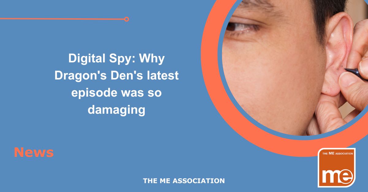 Image description: The picture shows a practitioner applying acupuncture ear seeds to a person's ear. The title reads: Why Dragon's Den's latest episode was so damaging ME Association logo bottom right. ME Association logo bottom right