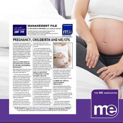 IMAGE DESCRIPTION: An image of a pregnant lady on a bed. Overlay of the first page of the leaflet (bottom left) and the ME Association logo (bottom right).
