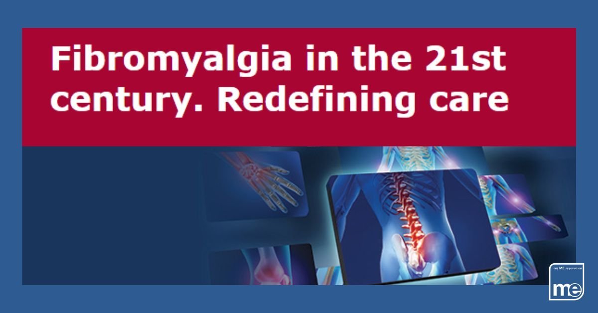 IMAGE DESCRIPTION: A blue background with a screenshot of the webinar image of Xrays and the title: Royal Society of Medicine: Fibromyalgia in the 21st century - Redefining care, The ME Association logo (bottom right)