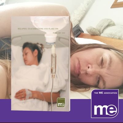 IMAGE DESCRIPTION: A picture of a person with MECFS (from our library of real people with ME/CFS images) with an overlay of the cover of the booklet (bottom left) and the ME Association logo (bottom right)