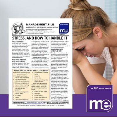 IMAGE DESCRIPTION: A woman sat down holding her head. With an overlay of the first page of the leaflet (bottom left) and the ME Association logo (bottom right).