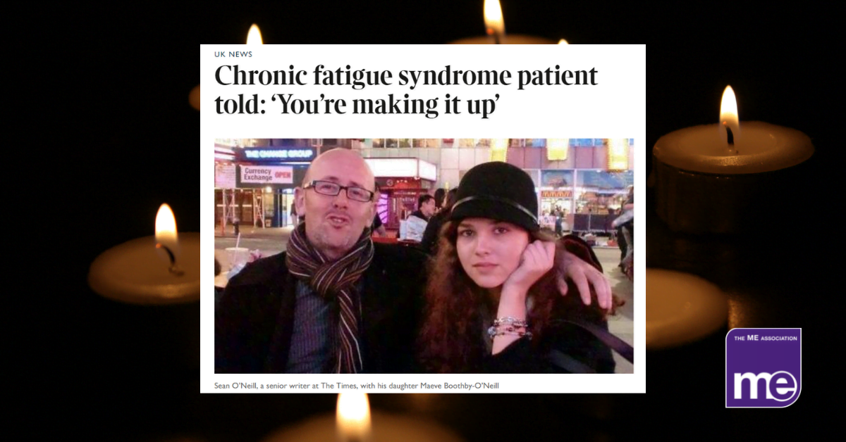 IMAGE DESCRIPTION: A background of candles with a screenshot of the featured image of the article in the centre. The ME Association logo (bottom right)