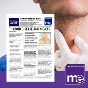 IMAGE DESCRIPTION: An image of a man being examined by a doctor, with a gloved hand touching his neck. With an overlay of the first page of the leaflet (bottom left) and the ME Association logo (bottom right).