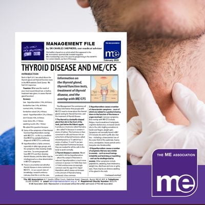 IMAGE DESCRIPTION: An image of a man being examined by a doctor, with a gloved hand touching his neck. With an overlay of the first page of the leaflet (bottom left) and the ME Association logo (bottom right).