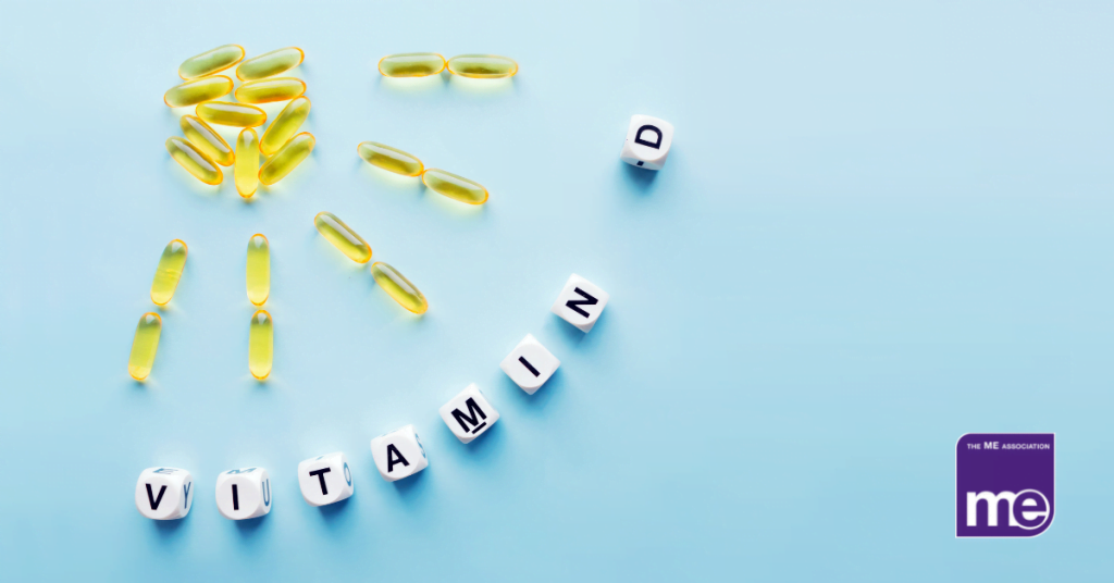 IMAGE DESCRIPTION: An image of Vitamin D capsules placed into a sun with Vitamin D writing. The ME Association logo (bottom right)
