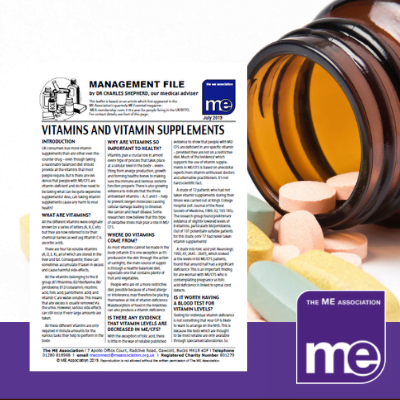 IMAGE DESCRIPTION: An image of a tablet bottle with many vitamins coming out onto the table. With an overlay of an image of the first page of the leaflet (bottom left) and the ME Association logo (bottom right)