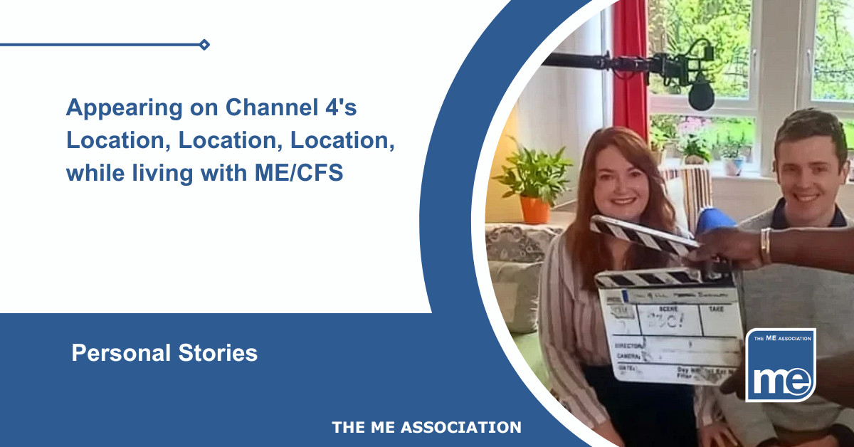 IMAGE DESCRIPTION: An image of Lesley and James in production of Location, Location, Location. Title: Location, Location, Location by Lesley Warren. The ME Association Logo (bottom right).