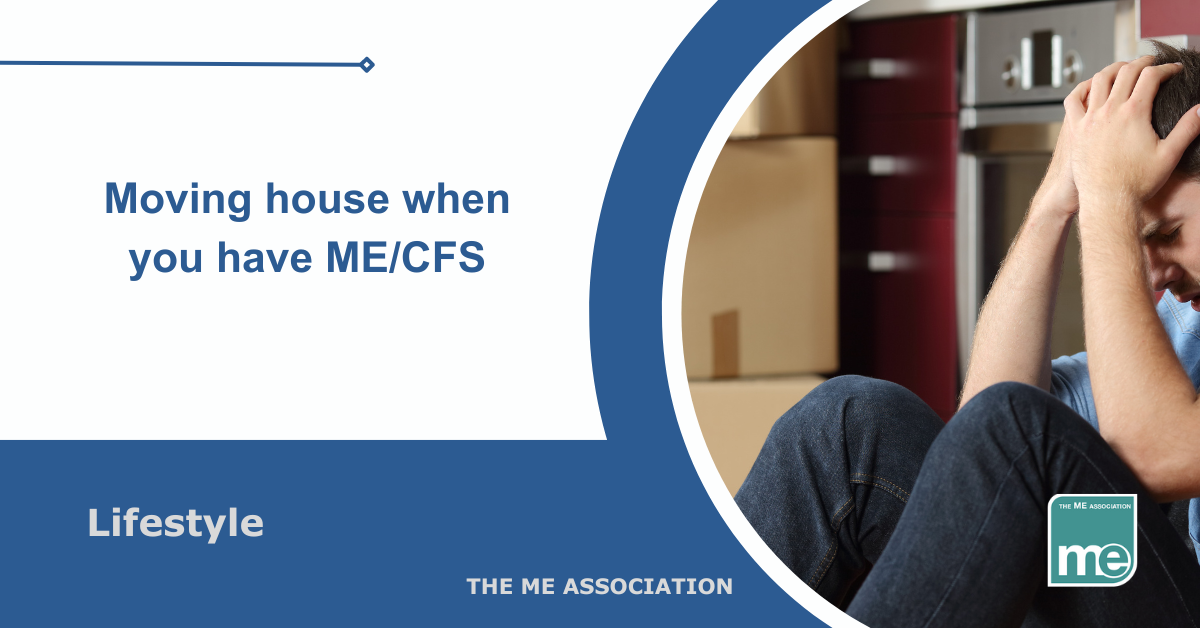 Image description: The photo shows a person with ME/CFS with exhaustion due debilitating fatigue when moving house. The title reads: Moving house when you have ME/CFS