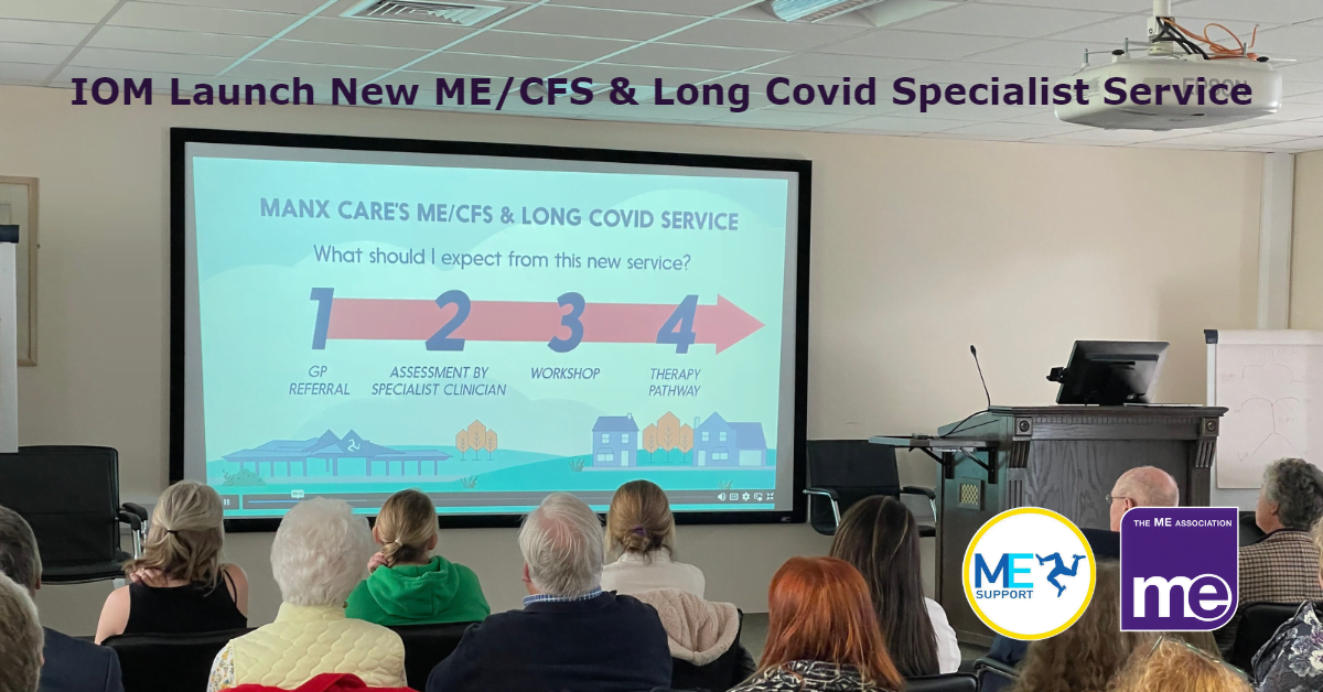 IMAGE DESCRIPTION: A group of people sitting in a room in front of a screen watching Manx care video about the launch of the new Isle of Man ME/CFS and Long Covid service. The title reads Healthcare Improvements: Isle of Man Launch New ME/CFS & Long Covid Specialist Service. The ME Association logo and the Isle of Man logo (bottom right)