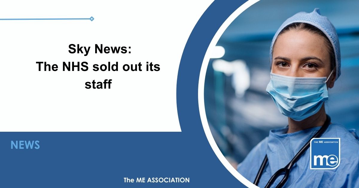 Image description: The picture shows a doctor standing in a hospital corridor wearing PPE. The title reads: 'The NHS sold out its staff': Doctors whose lives were devastated by long COVID to sue health service.ME Association logo bottom right