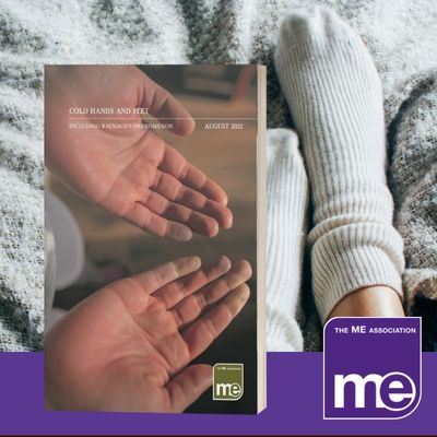 IMAGE DESCRIPTION: An image of a person with thick woolly socks on. With an overlay of the cover of the booklet (image of Raynaud's disease) and the ME Association (bottom right).